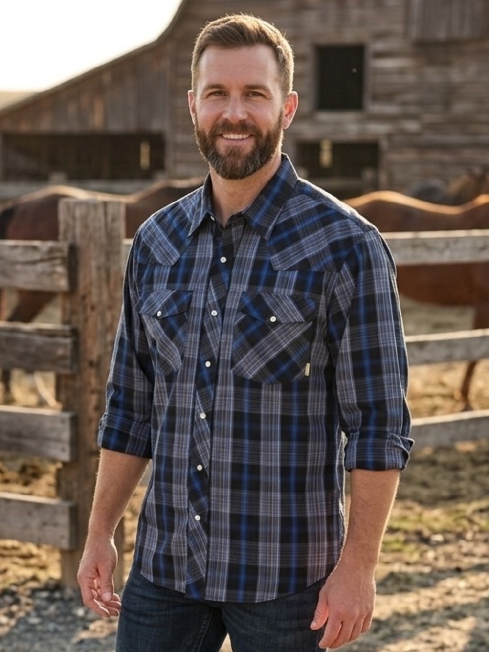 Resistol Double R Blue Black Plaid Pearl Snap Western Shirt XL Cowboy Core